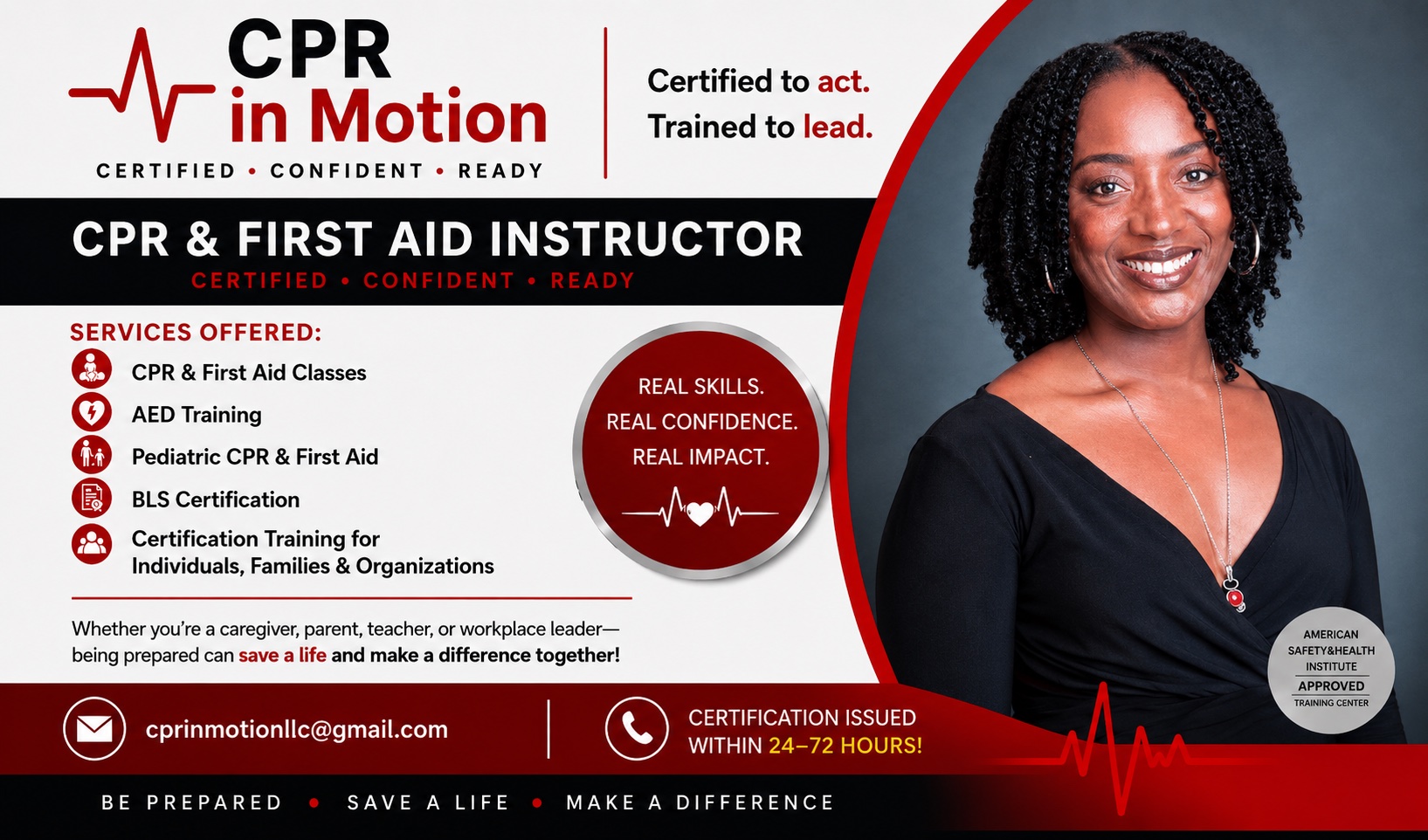 CPR in Motion — Certified CPR & First Aid Instructor. Services: CPR & First Aid classes, AED training, Pediatric CPR & First Aid, BLS certification, and certification training for individuals, families & organizations. Certification issued within 24–72 hours.